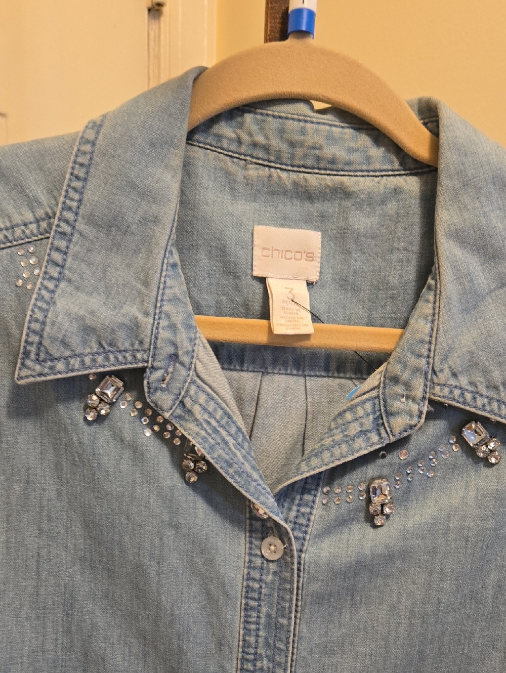 Chico's Light Blue Denim Shirt with Rhinestone Accents